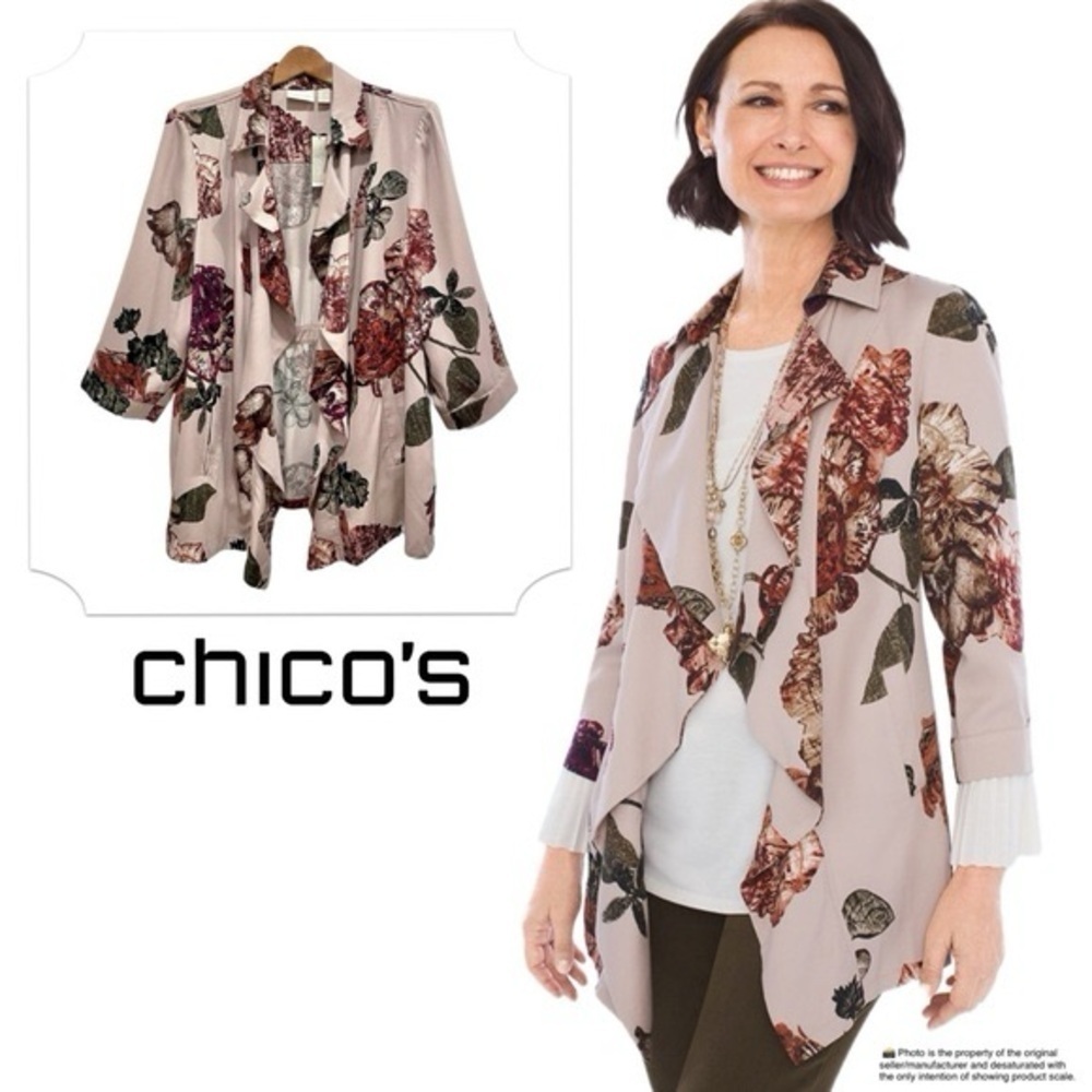 Chico’s Dusty Rose Pink Open Draped Jacket Gathered Back Pockets Size 2 Large 12